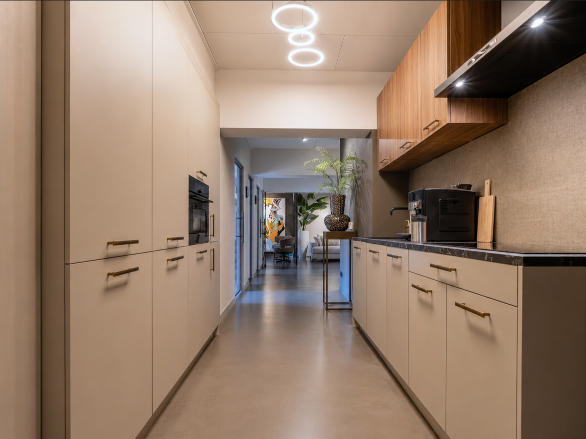 Showroomkeuken leem walnoot karamel